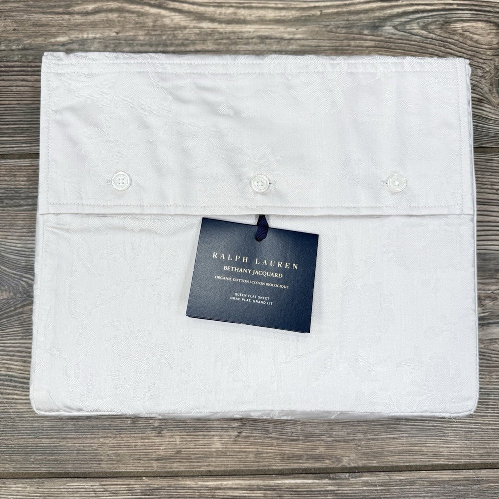Ralph Lauren Organic Cotton‎ Bethany Jacquard Queen Flat Sheet Silver NEW $215